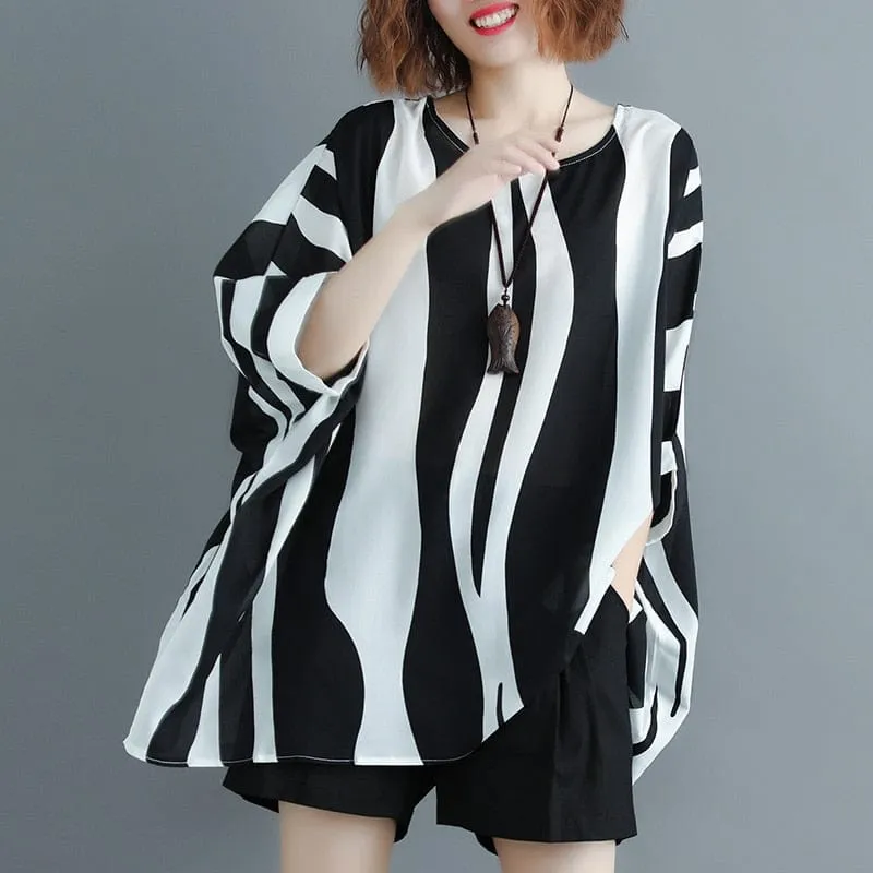 Batwing Sleeve Striped Oversized Shirt