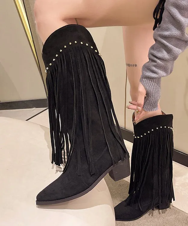 Chocolate Tassel Rivet Chunky Boots