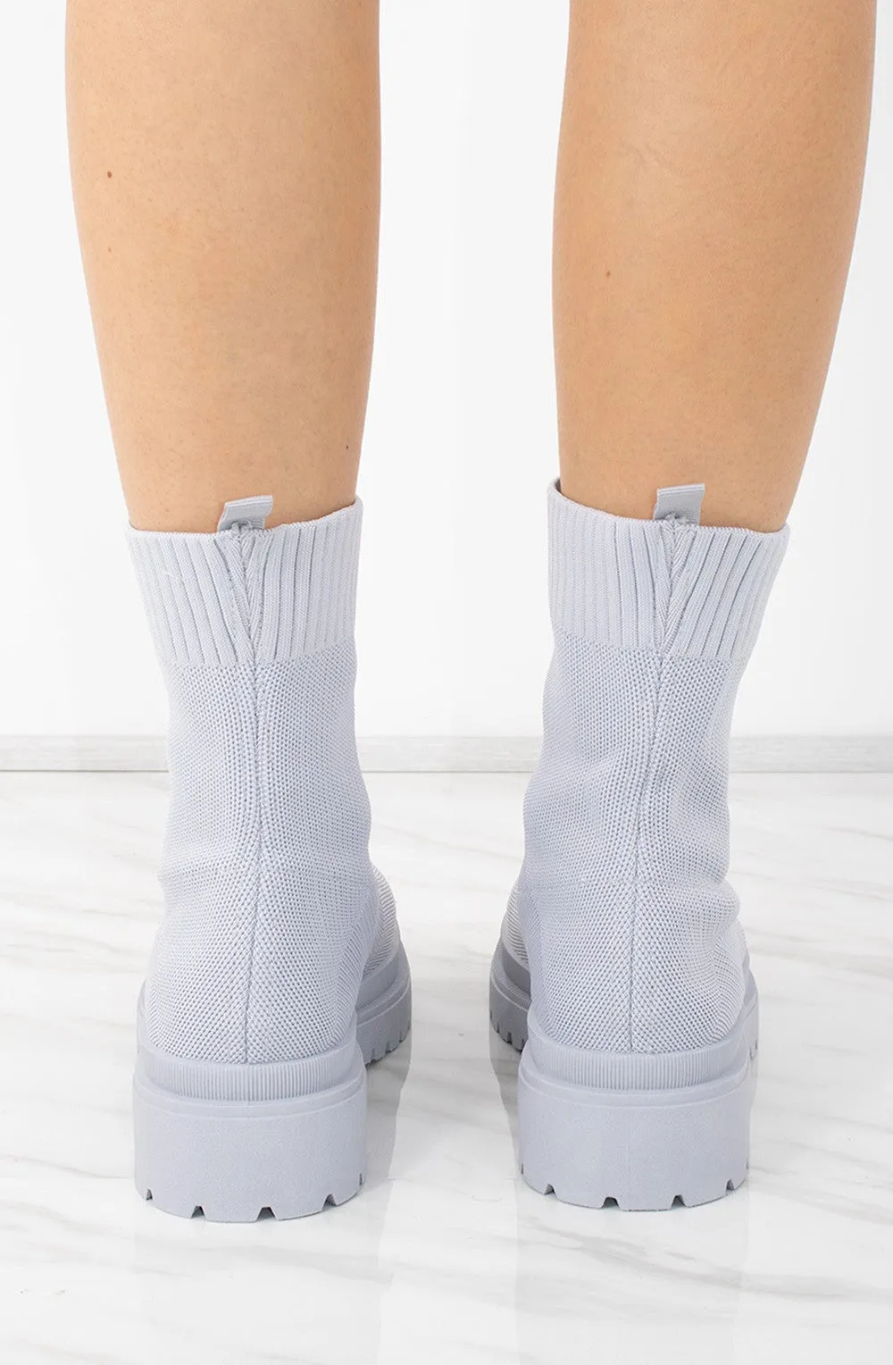 Chunky Grey Ribbed Fabric Ankle Sock Boot