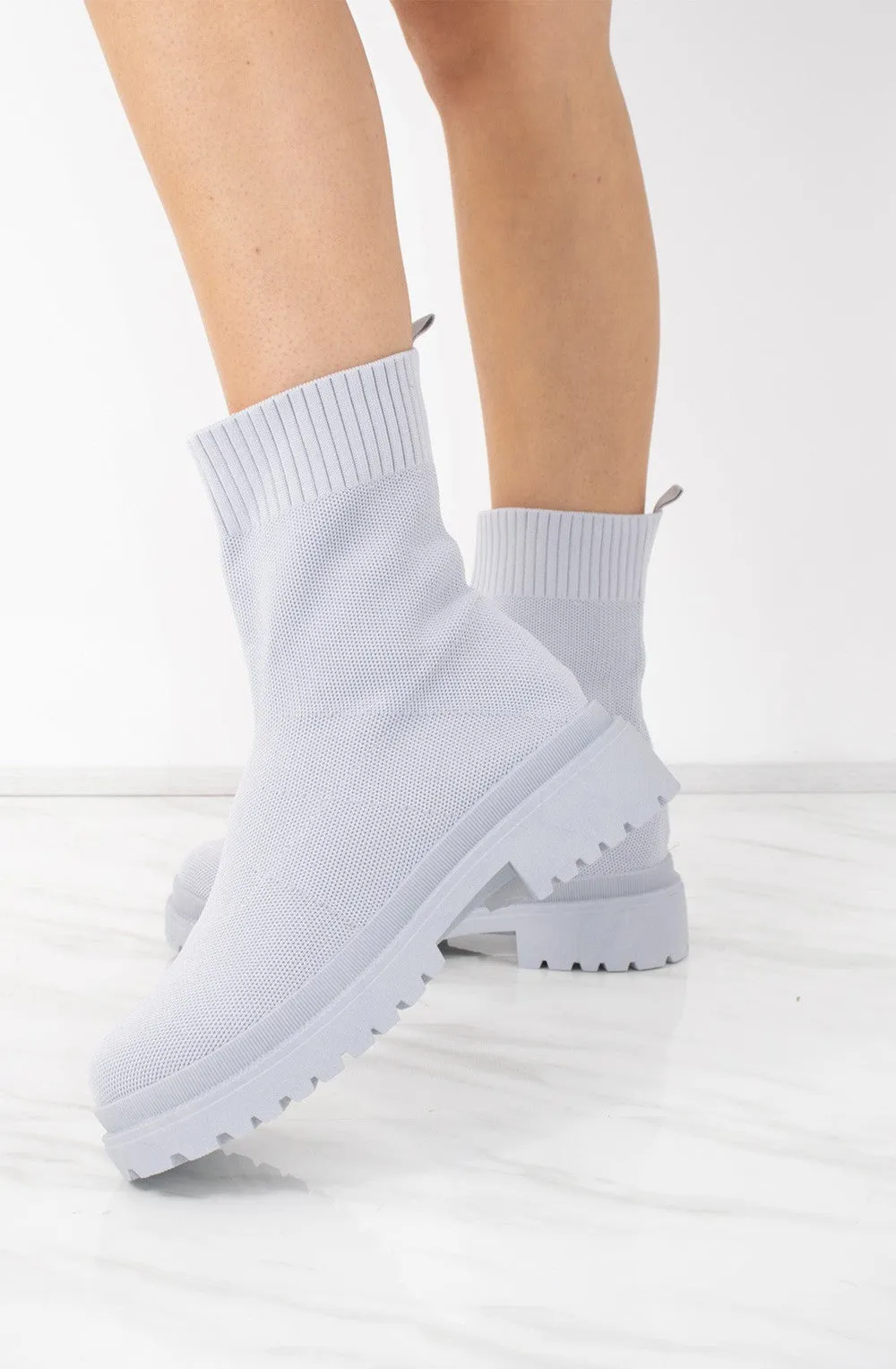 Chunky Grey Ribbed Fabric Ankle Sock Boot