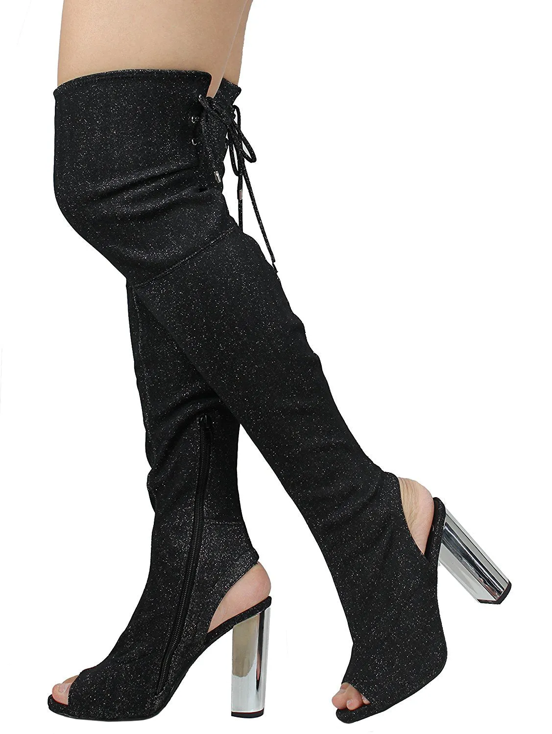 Faux Suede Peep Toe - Thigh High Zipper Closure Lace Up - Chunky High Heel Over The Knee Boot, MVE Shoes