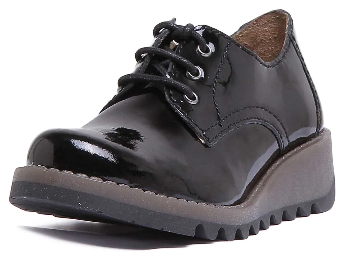 Fly London Simb K Lace Up Leather Shoes In Black Patent For Kids