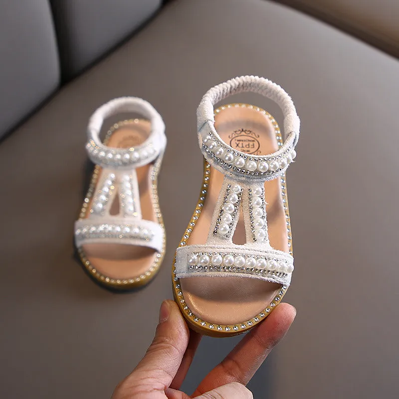 Girls Sandals Pearl Rhinestone Sweet Soft Children Beach Shoes Princess Fashion Cute High Quality Kids Summer Sandals