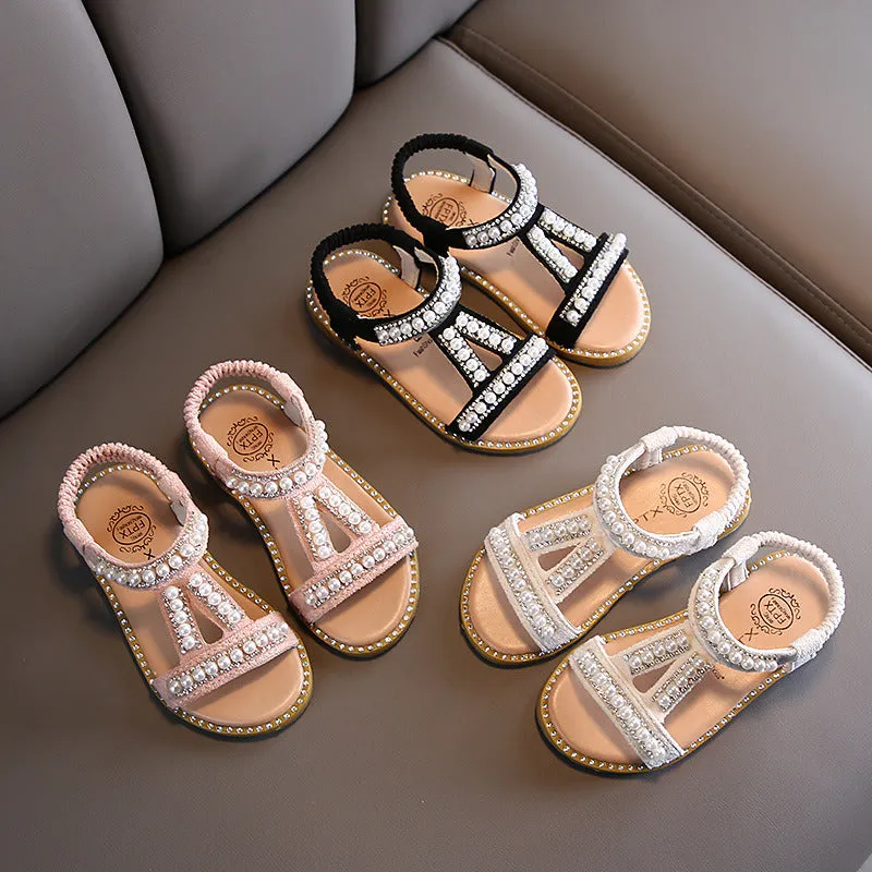 Girls Sandals Pearl Rhinestone Sweet Soft Children Beach Shoes Princess Fashion Cute High Quality Kids Summer Sandals