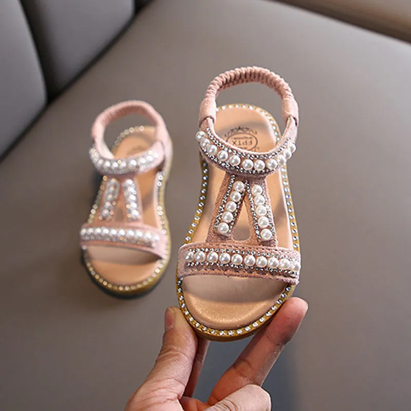 Girls Sandals Pearl Rhinestone Sweet Soft Children Beach Shoes Princess Fashion Cute High Quality Kids Summer Sandals