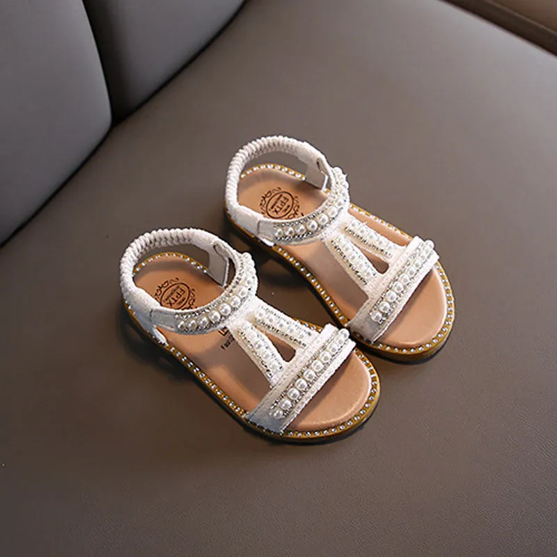 Girls Sandals Pearl Rhinestone Sweet Soft Children Beach Shoes Princess Fashion Cute High Quality Kids Summer Sandals