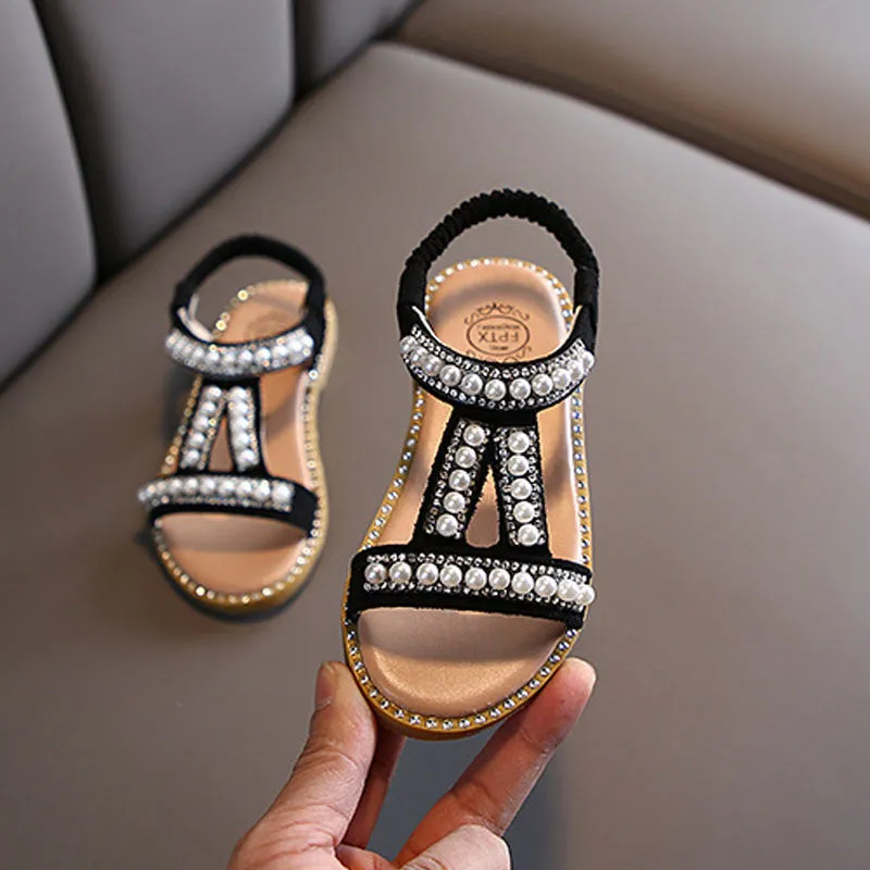 Girls Sandals Pearl Rhinestone Sweet Soft Children Beach Shoes Princess Fashion Cute High Quality Kids Summer Sandals