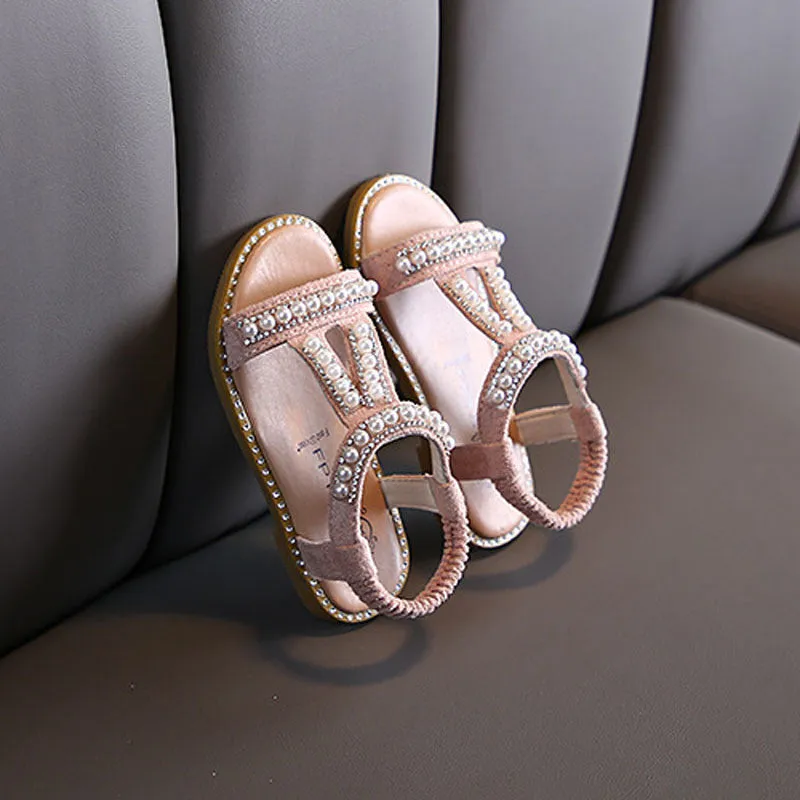 Girls Sandals Pearl Rhinestone Sweet Soft Children Beach Shoes Princess Fashion Cute High Quality Kids Summer Sandals