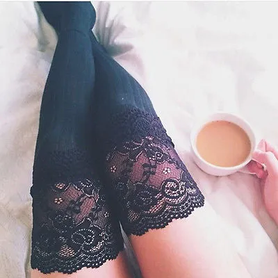 Lace detail over the knee warm knitted thigh high boots socks