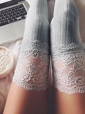 Lace detail over the knee warm knitted thigh high boots socks