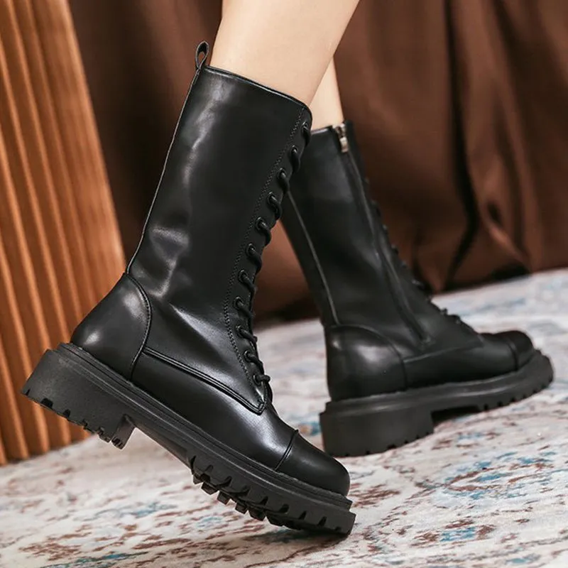 Mid Calf Lace Up Leather Platform Boots