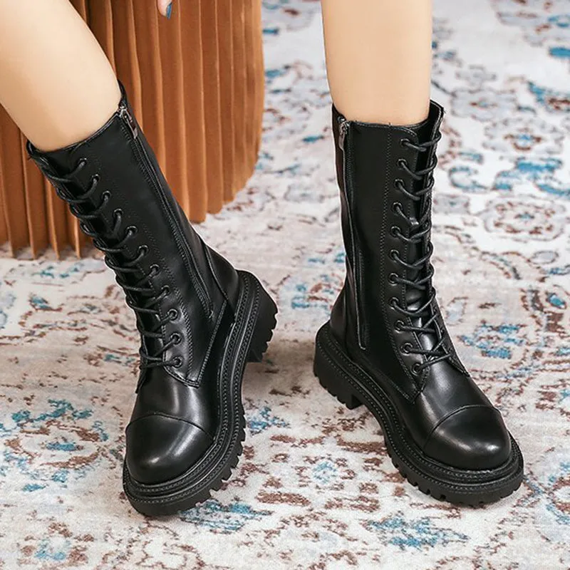 Mid Calf Lace Up Leather Platform Boots