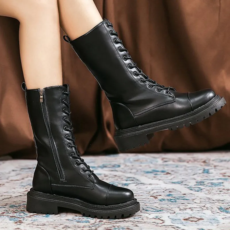 Mid Calf Lace Up Leather Platform Boots