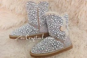 New **PROMOTION WINTER Bailey Button White Sheepskin Fleech/Wool Boots with shinning and stylish CRYSTALS and Pearls