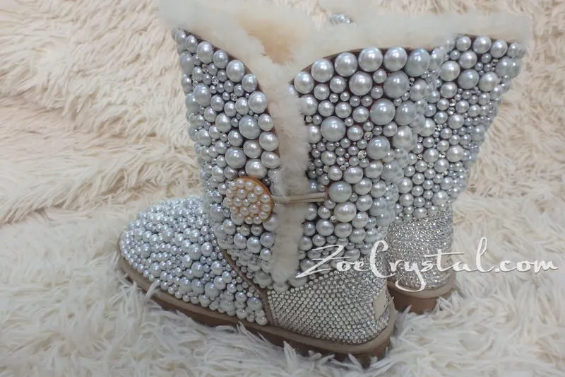 New **PROMOTION WINTER Bailey Button White Sheepskin Fleech/Wool Boots with shinning and stylish CRYSTALS and Pearls