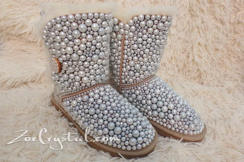 New **PROMOTION WINTER Bailey Button White Sheepskin Fleech/Wool Boots with shinning and stylish CRYSTALS and Pearls