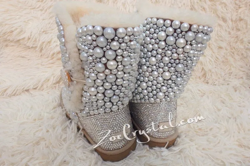 New **PROMOTION WINTER Bailey Button White Sheepskin Fleech/Wool Boots with shinning and stylish CRYSTALS and Pearls