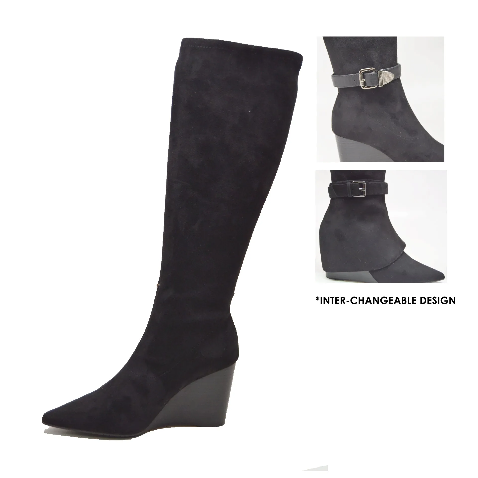 Paris2- Faux Suede Wedge Boot: 3-in-1 Wedge Dress Boot: Stylish Versatility at Its Best