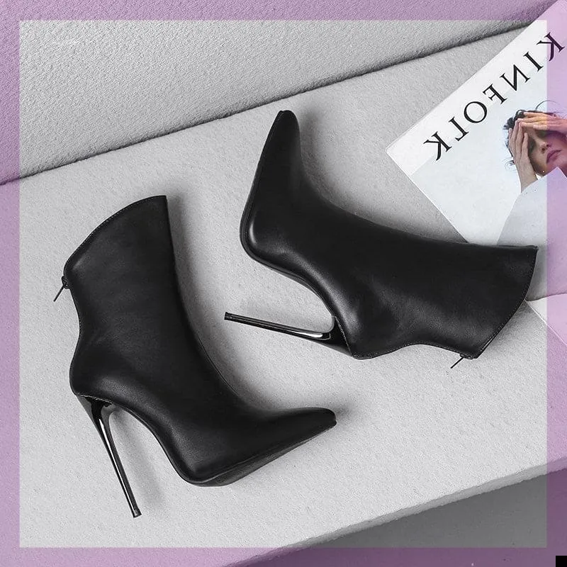 Sleek Black Fashion Stiletto Pointed Toe Ankle Boots in Plus Sizes