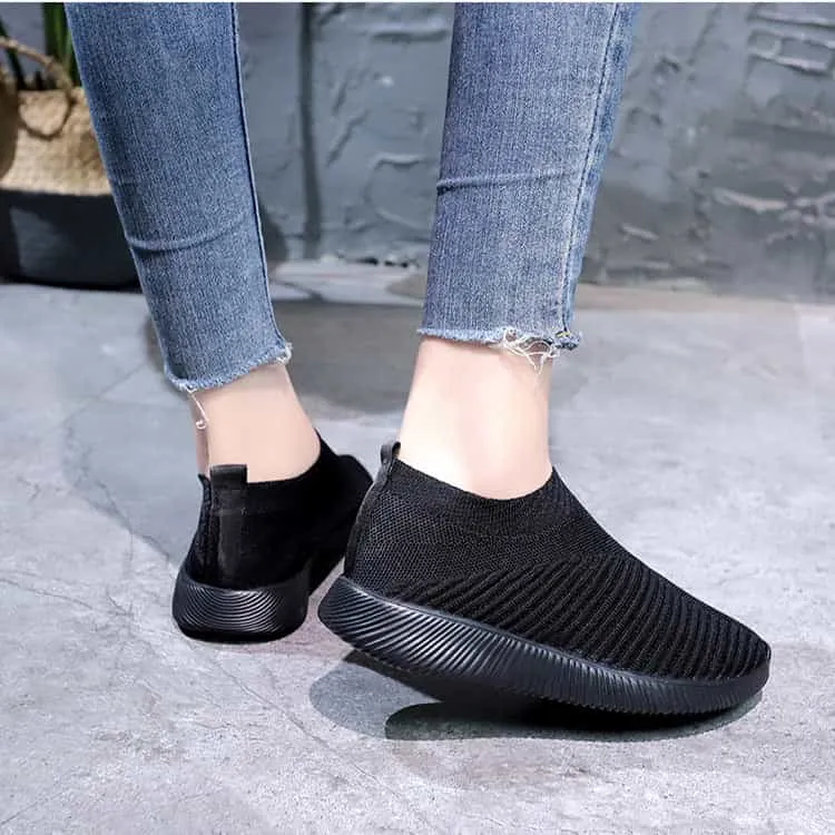 Stretch Mesh Breathable Flats Shoes Soft Sole Fly Knit Slip On Shoes