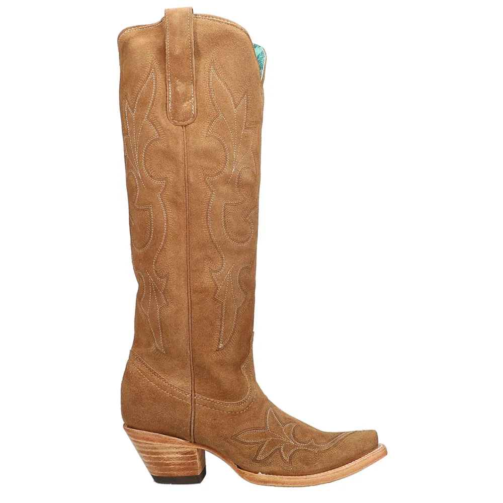 Suede Tooled-Inlay Tall Snip Toe Cowboy Boots