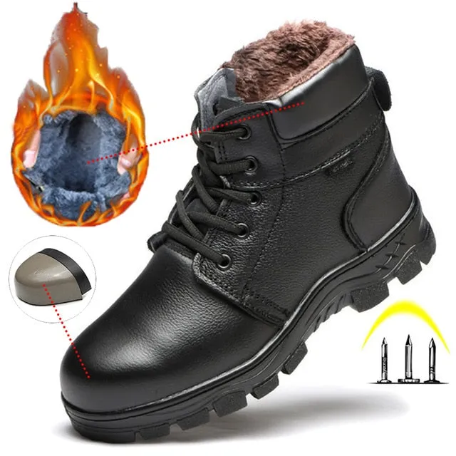 Winter Boots Steel Toe Men Warm Add Velvet Cold Protective Non Slip Anti Smashing Puncture Proof Shoes