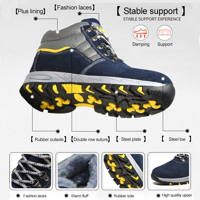 Winter Boots Steel Toe Men Warm Add Velvet Cold Protective Non Slip Anti Smashing Puncture Proof Shoes