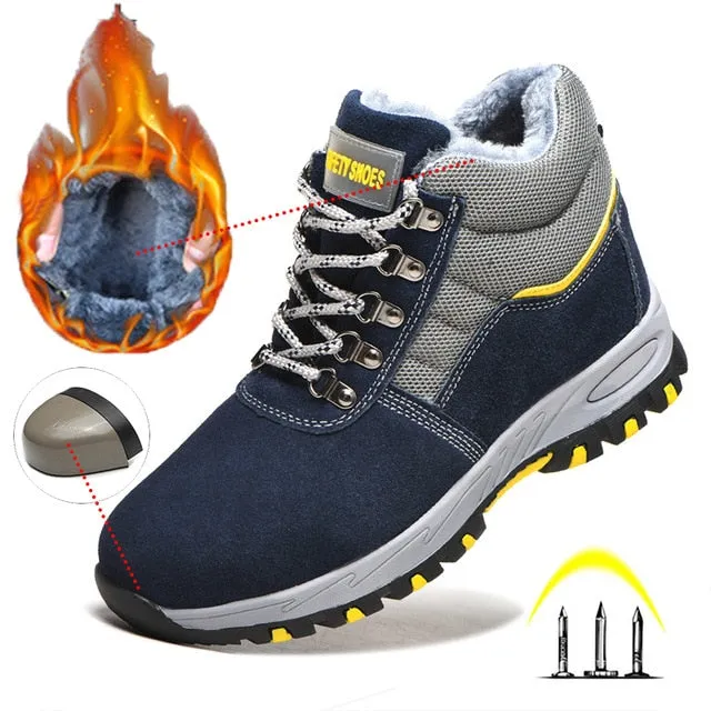 Winter Boots Steel Toe Men Warm Add Velvet Cold Protective Non Slip Anti Smashing Puncture Proof Shoes