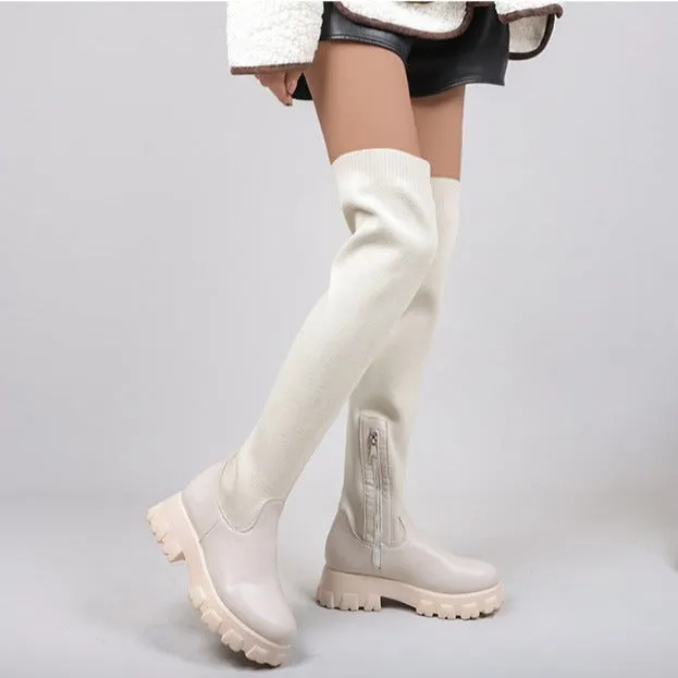 Women thigh high boots elastic side zipper chunky platform boots