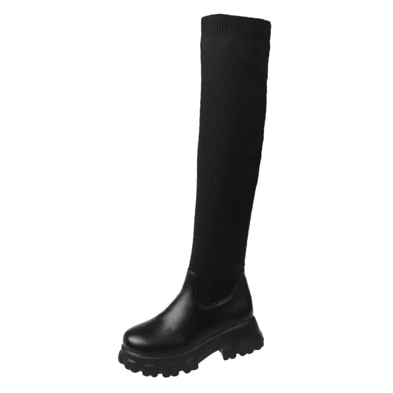 Women thigh high boots elastic side zipper chunky platform boots