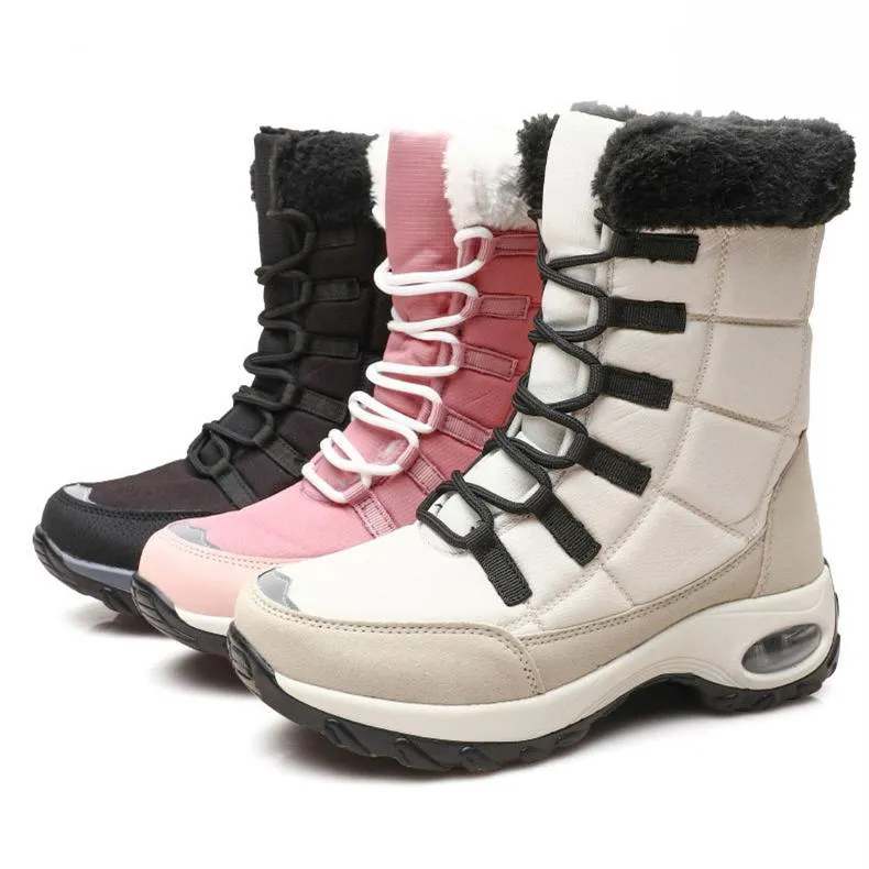 Women winter chunky platform lace up faux fur keep warm short snow boots