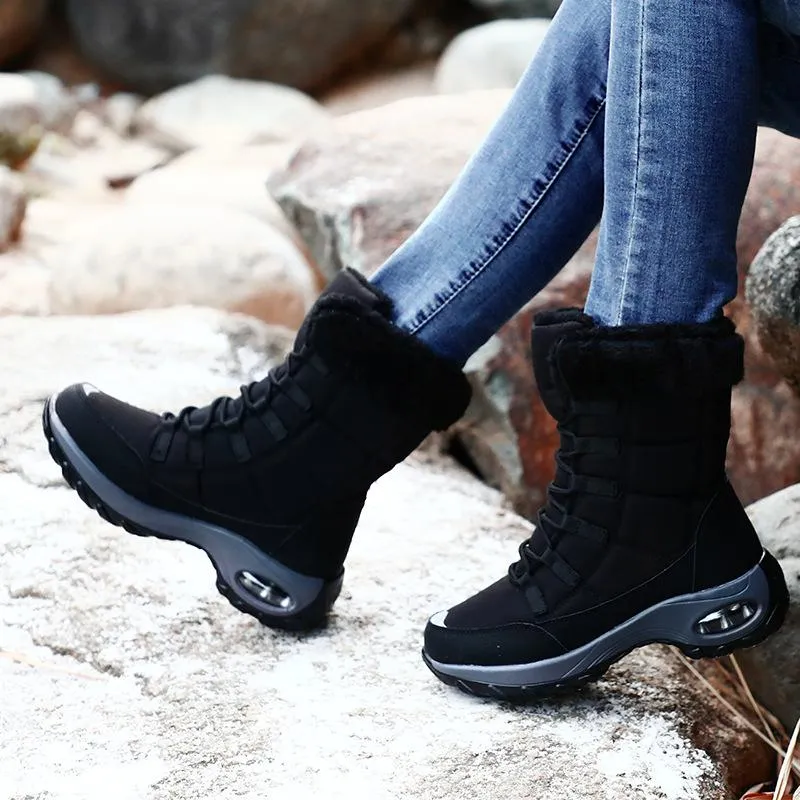 Women winter chunky platform lace up faux fur keep warm short snow boots