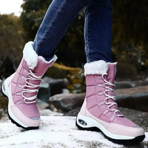 Women winter chunky platform lace up faux fur keep warm short snow boots