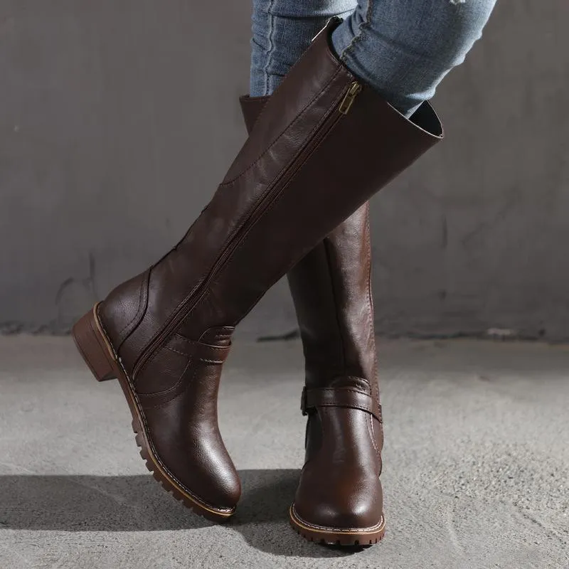 Women's knee high chunky zippper boots buckle strap biker boots with wide calf