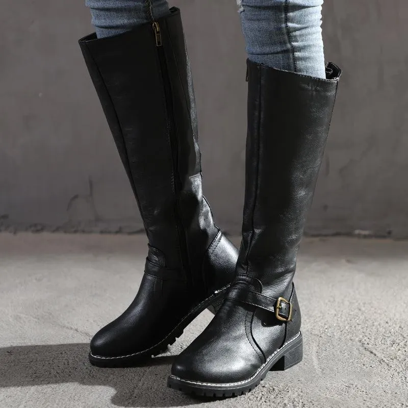 Women's knee high chunky zippper boots buckle strap biker boots with wide calf