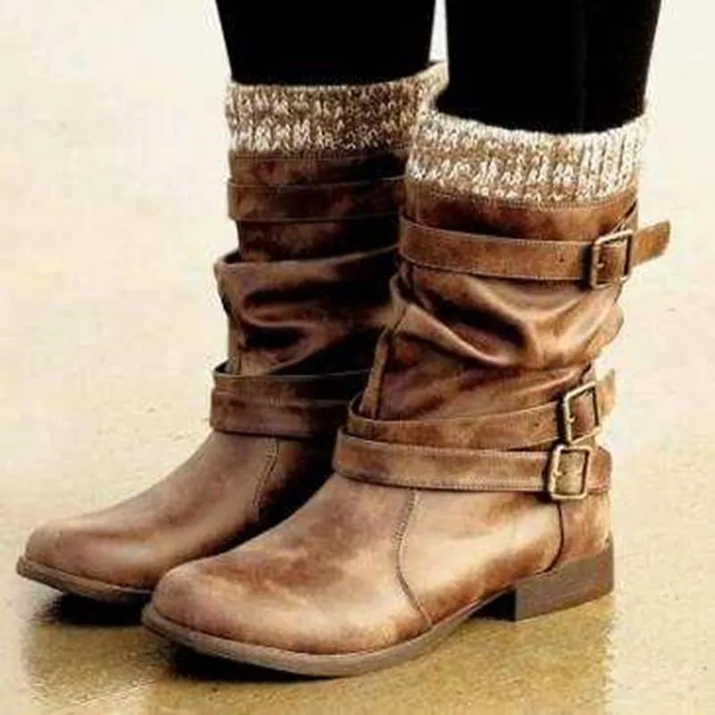 Women's sweater cuff mid calf boots low heel slouch boots