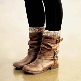 Women's sweater cuff mid calf boots low heel slouch boots